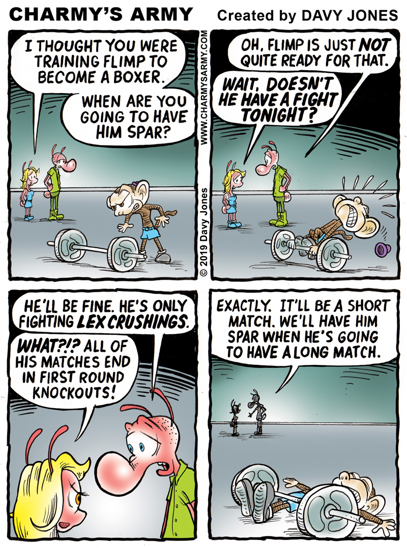 Comic Strip from Charmy's Army - Flimp weight trains for his upcoming boxing match.