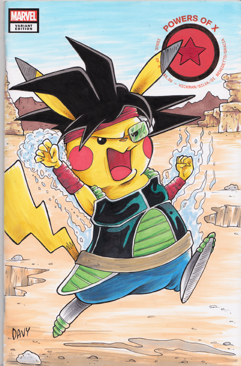 Pikachu as Bardock from Dragonball Z illustrated by cartoonist Davy Jones.