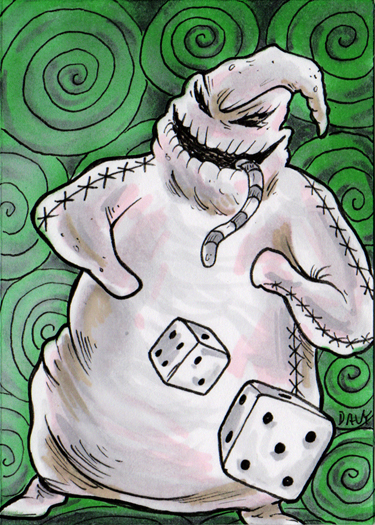 Oogie Boogie from A Nightmare Before Christmas illustrated by cartoonist Davy Jones.