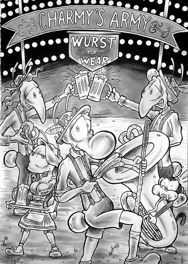 The cast from my comic strip Charmy's Army enjoying Wurstfest