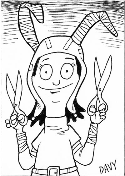 From INKtober 2021, here is some original art depicting Louise as Edward Scissorhands from Bob's Burgers' Halloween episode inked traditionally by hand by Davy Jones, creator of Charmy's Army,.