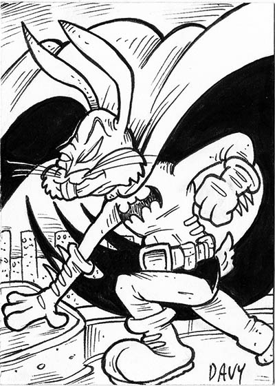 From INKtober 2021, here is some original art depicting Bugs Bunny as a Batman inked traditionally by hand by Davy Jones, creator of Charmy's Army,. 
