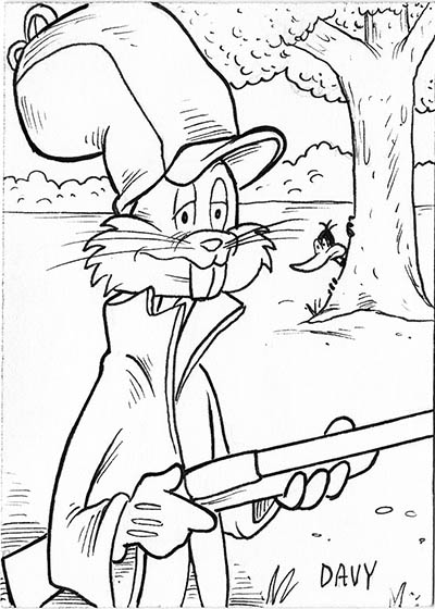 From INKtober 2021, here is some original art depicting Bugs Bunny doing his best Elmer Fudd impersonation as he goes hunting for Daffy Duck during Duck Season inked traditionally by hand by Davy Jones, creator of Charmy's Army,. 
