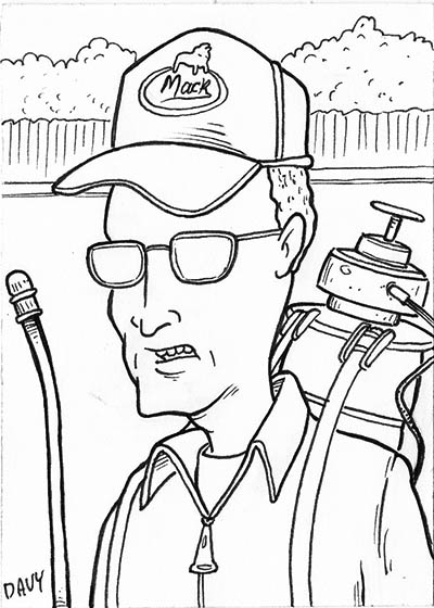 From INKtober 2021, here is some original art depicting Dale Gribble from Mike Judge's King of the Hill inked traditionally by hand by Davy Jones, creator of Charmy's Army,. 