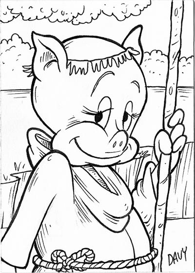 From INKtober 2021, here is some original art depicting Porky Pig as Friar Tuck inked traditionally by hand by Davy Jones, creator of Charmy's Army,. 