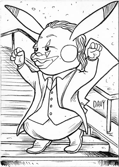 From INKtober 2021, here is some original art depicting Pokemon's Pikachu as Joaquin Phoenix as The Joker inked traditionally by hand by Davy Jones, creator of Charmy's Army,. 