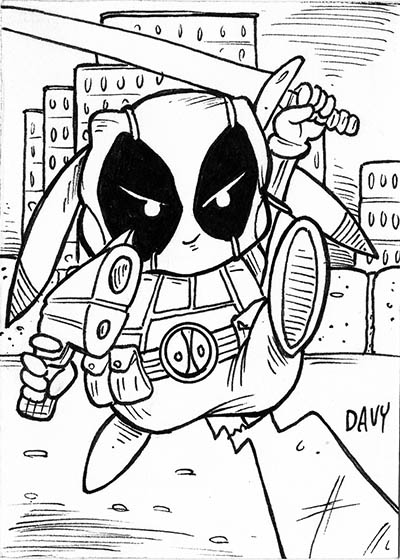 From INKtober 2021, here is some original art depicting Pokemon's Pikachu as Deadpool inked traditionally by hand by Davy Jones, creator of Charmy's Army,. 
