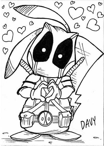 From INKtober 2021, here is some original art depicting Pokemon's Pikachu as Deadpool inked traditionally by hand by Davy Jones, creator of Charmy's Army,. 