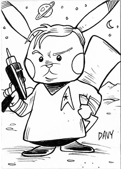 From INKtober 2021, here is some original art depicting Pokemon's Pikachu as Star Trek's Captain Kirk inked traditionally by hand by Davy Jones, creator of Charmy's Army,. 