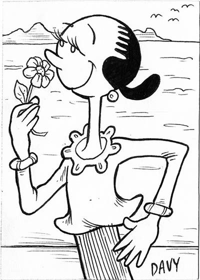 From INKtober 2021, here is some original art depicting Popeye's girlfriend Olive Oyl inked traditionally by hand by Davy Jones, creator of Charmy's Army,. 