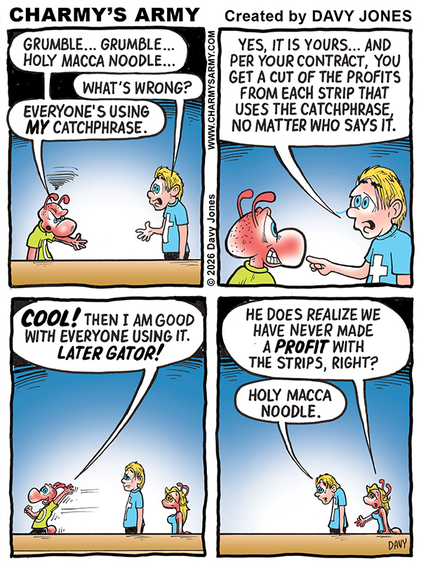 Everyone is using Charmy's catchphrase in today's comic strip and it is making Charmy angry.