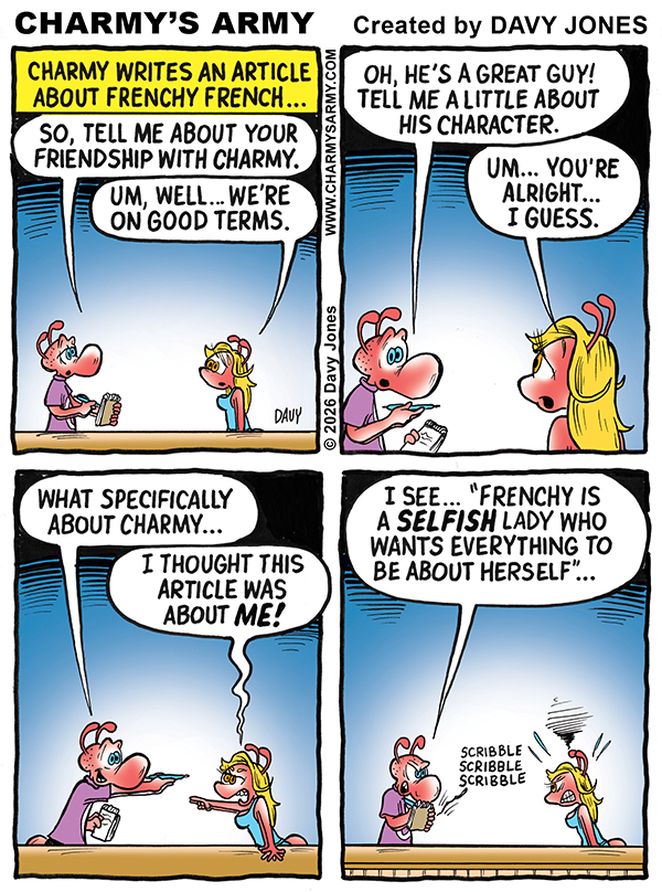 Today's comic strip from Charmy's Army and cartoonist Davy Jones features Charmy who decides to start his own newspaper.