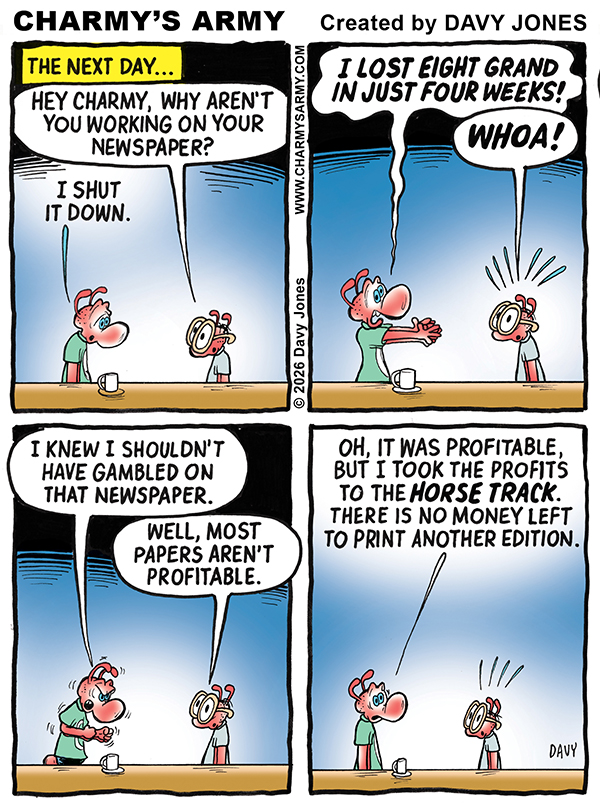Today's comic strip from Charmy's Army and cartoonist Davy Jones features Charmy who decides to start his own newspaper.
