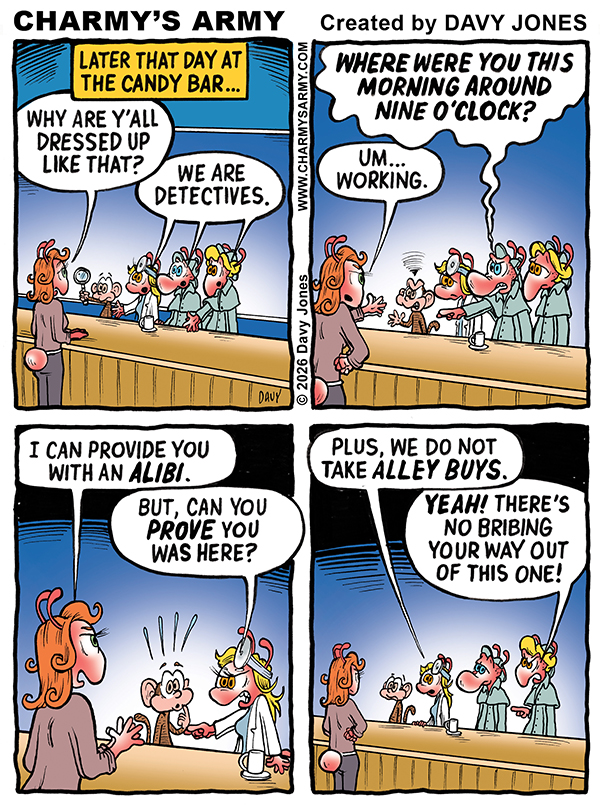 Charmy’s Army, the Comic Strip — Defective Detectives — Chapter 2: The Interrogation Room: Why Alibis Aren’t for Sale