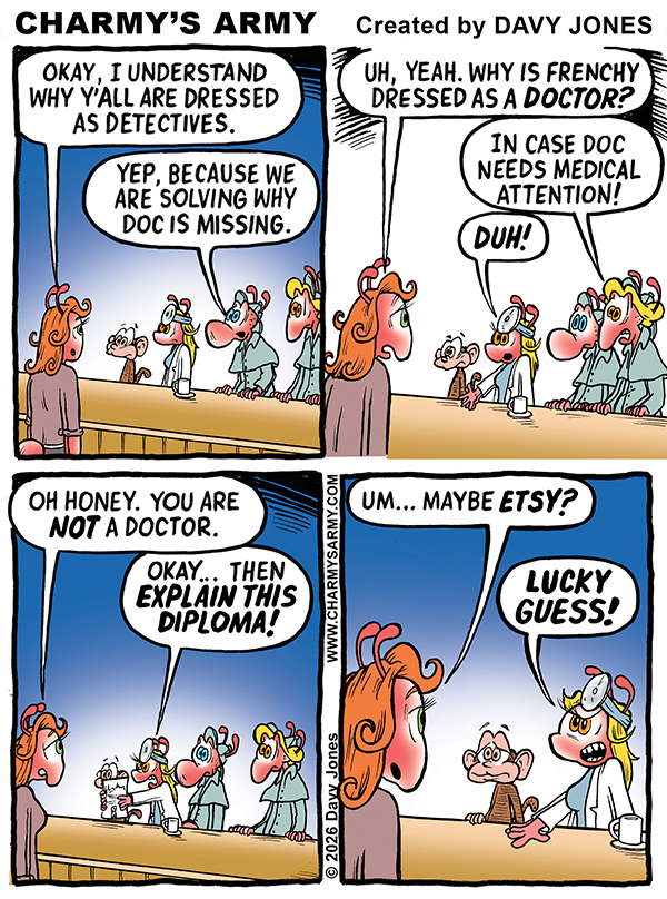 Charmy’s Army, the Comic Strip — Defective Detectives — Chapter 3: The Etsy MD: How to Solve a Missing Persons Case in Scrubs