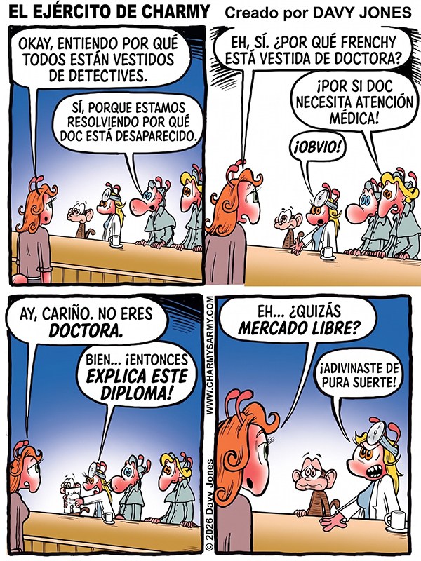 Charmy’s Army, la tira cómica — Detectives defectuosos — Capítulo 3: La doctora de Etsy: Cómo resolver un caso de desaparición en bata&nbsp;médica