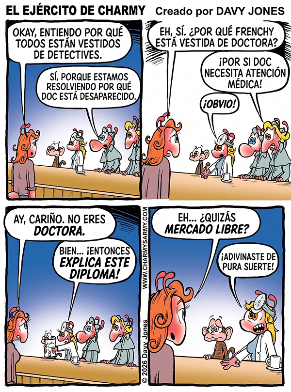 Charmy’s Army, la tira cómica — Detectives defectuosos — Capítulo 3: La doctora de Etsy: Cómo resolver un caso de desaparición en bata médica